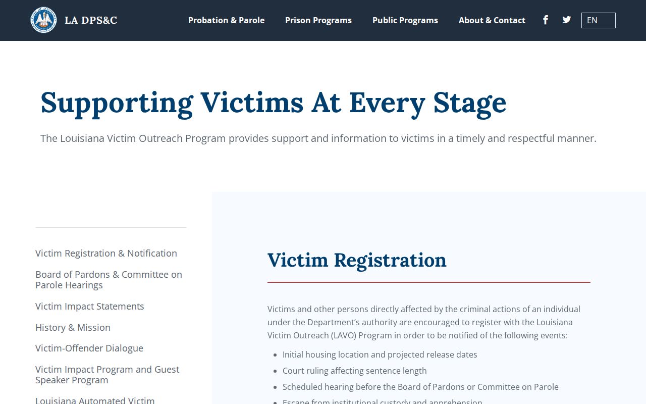 Louisiana DPS and Corrections Victim Services page explaining LAVNS and Victim Outreach