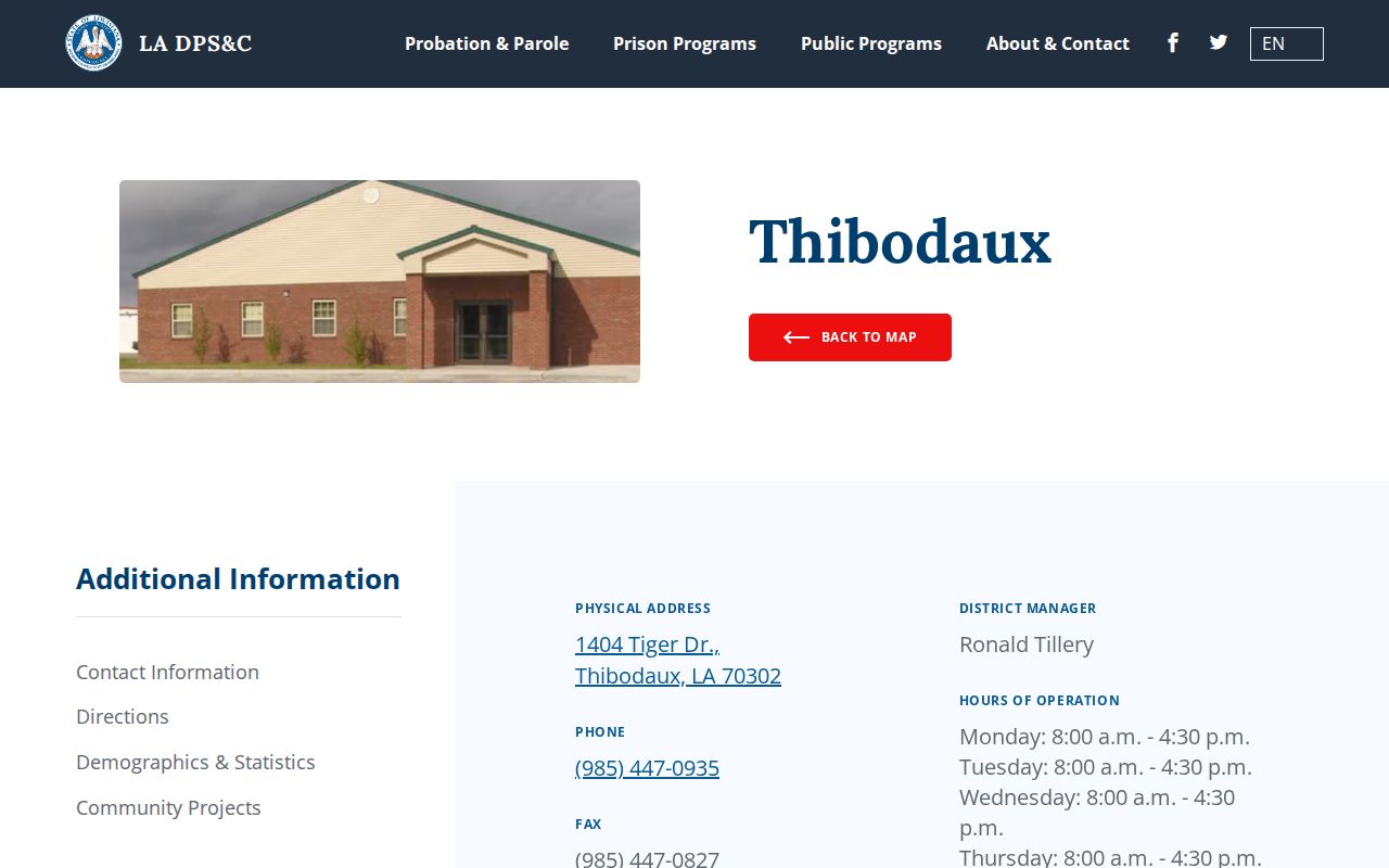 Louisiana DPS and Corrections Thibodaux probation and parole office page