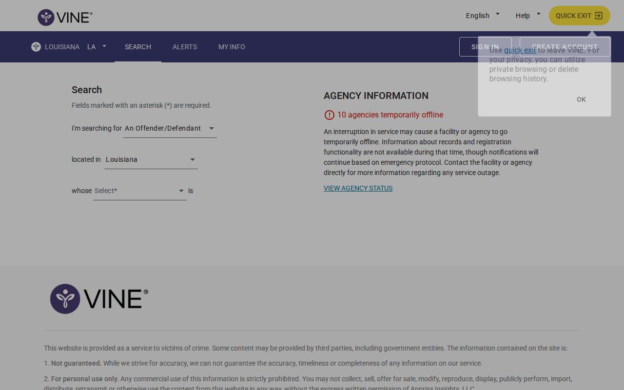 Louisiana LAVNS VINELink specific person search page