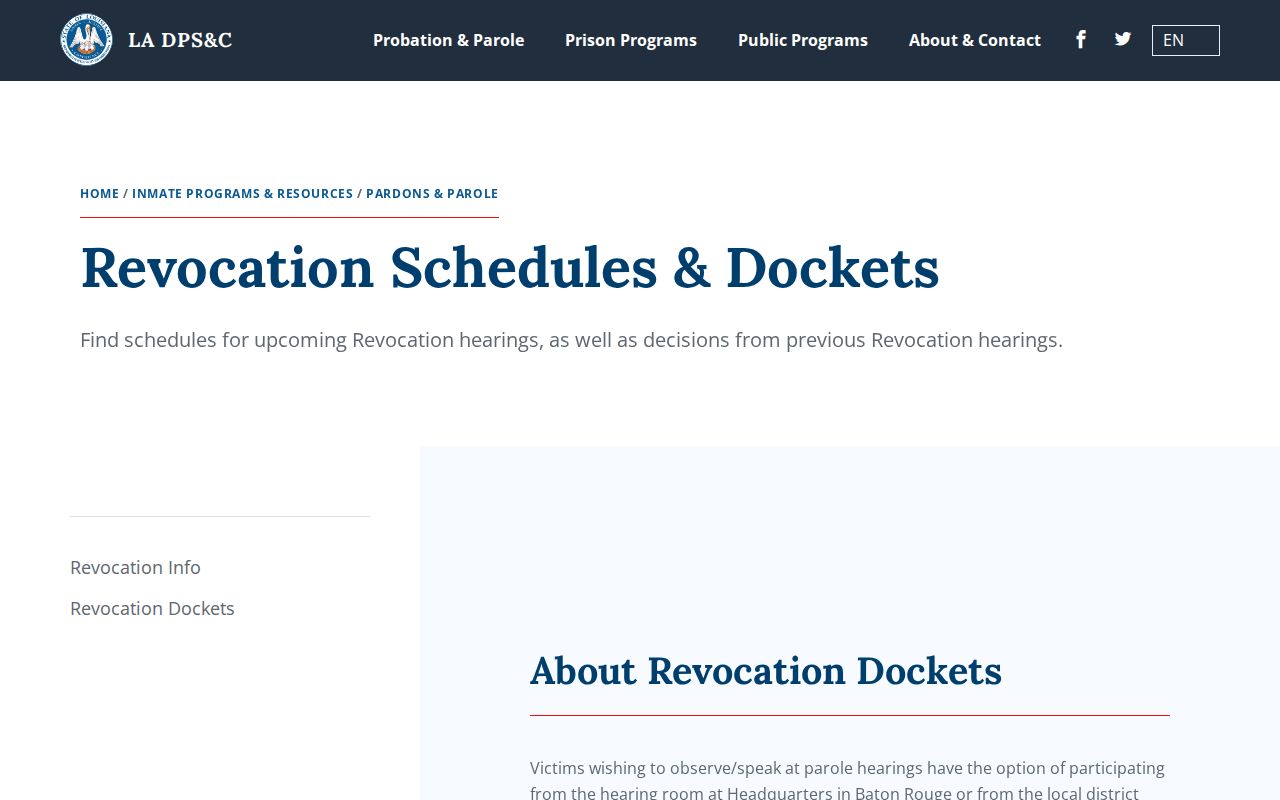 Louisiana parole revocation schedules dockets and results page
