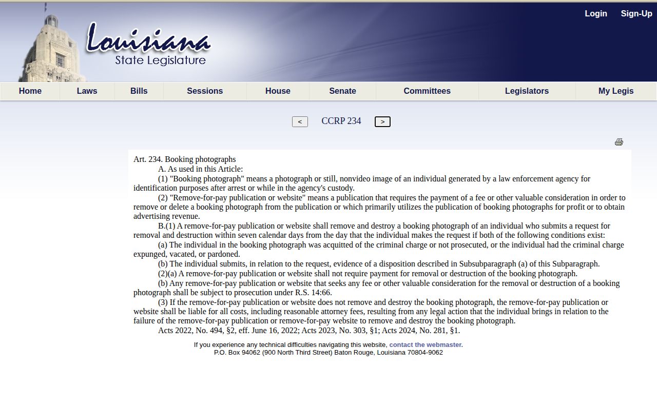 Louisiana article 234 rule affecting Terrebonne Parish released mugshots