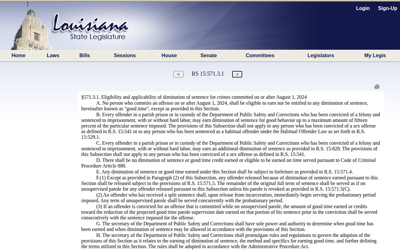 Louisiana Revised Statute 15 571.3.1 projected release and good-time law
